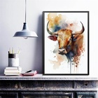 Quadro Decorativo Boi Aquarela 33x24cm Moldura:madeira Preta