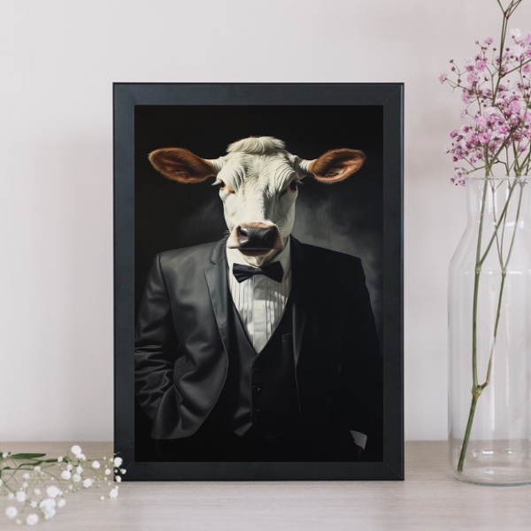 Quadro Decorativo Boi Elegante 33x24cm - Com Vidro Moldura Pr