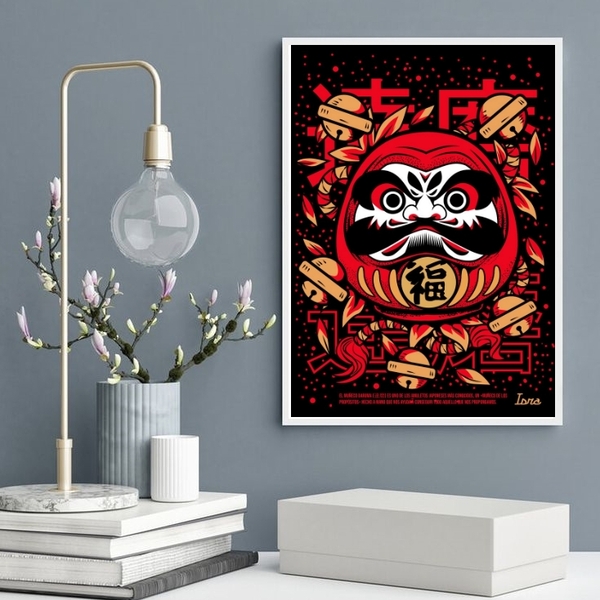 Quadro Decorativo Boneco Japonês Daruma 33x24cm - Com Vidro M