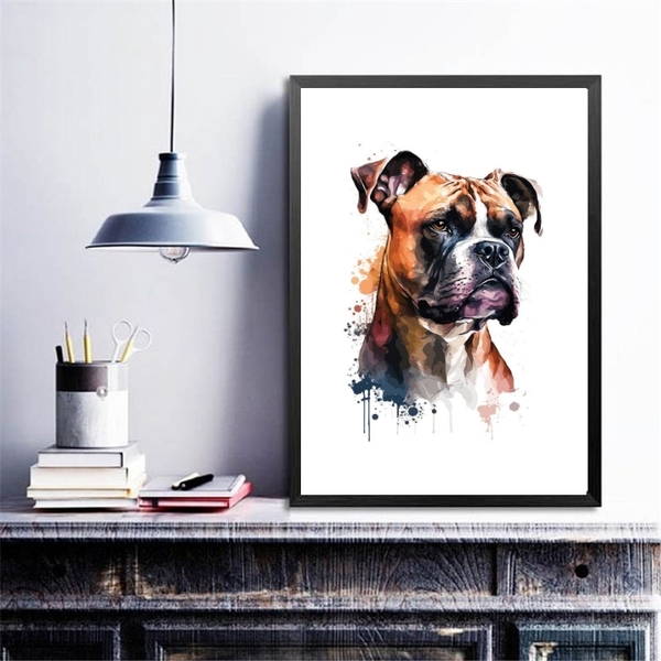 Quadro Decorativo Boxer Aquarela 33x24cm - Com Vidro Moldura: