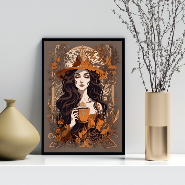 Quadro Decorativo Bruxa - Café 45x34cm - Com Vidro Moldura Pr