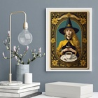 Quadro Decorativo Bruxa Com Café 45x34cm - Com Vidro Moldura