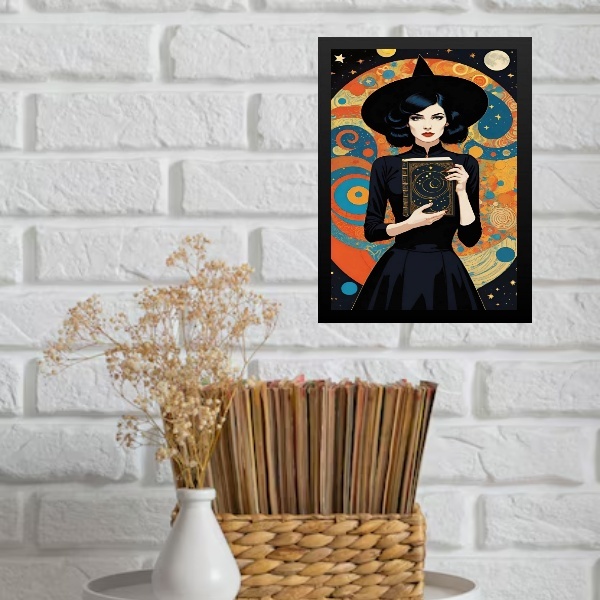 Quadro Decorativo Bruxa Com Livro 24x18cm - Com Vidro Moldura
