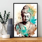 Quadro Decorativo Buda Aquarela Turquesa 24x18cm - Com Vidro