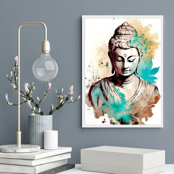 Quadro Decorativo Buda Aquarela Turquesa 45x34cm - Com Vidro