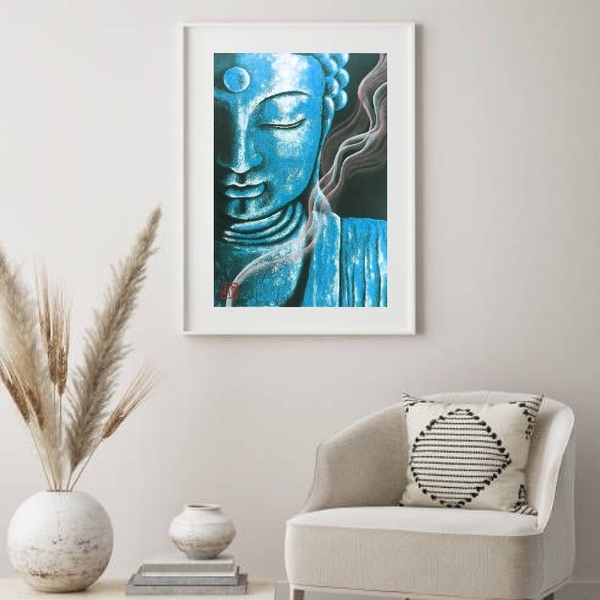 Quadro Decorativo Buda Azul - 60x48cm Moldura:madeira Preta
