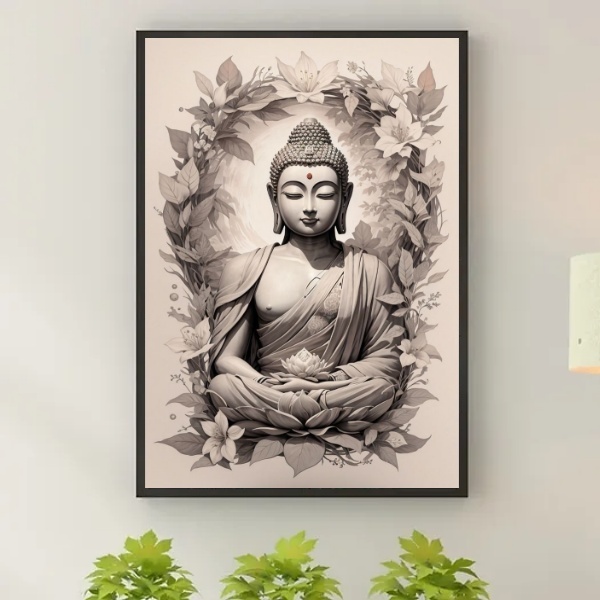 Quadro Decorativo Buda Cinza E Bege 45x34cm Moldura Branca