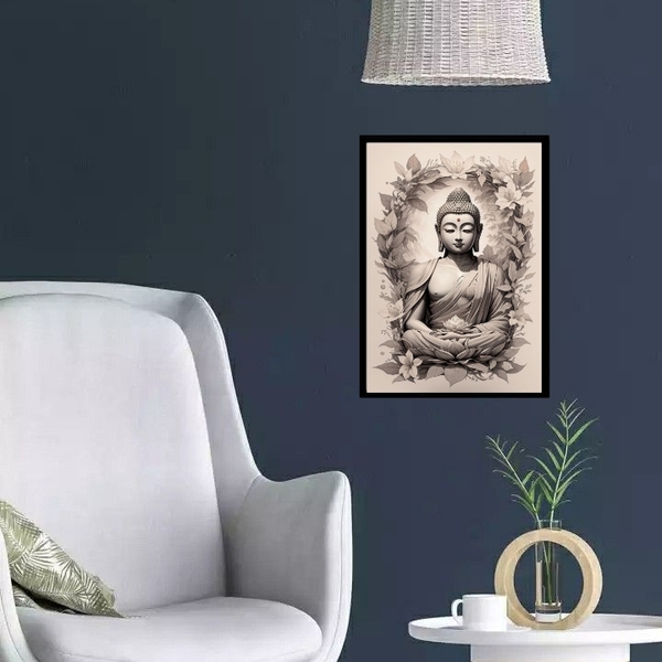 Quadro Decorativo Buda Tons De Cinza 45x34cm - Com Vidro Mold