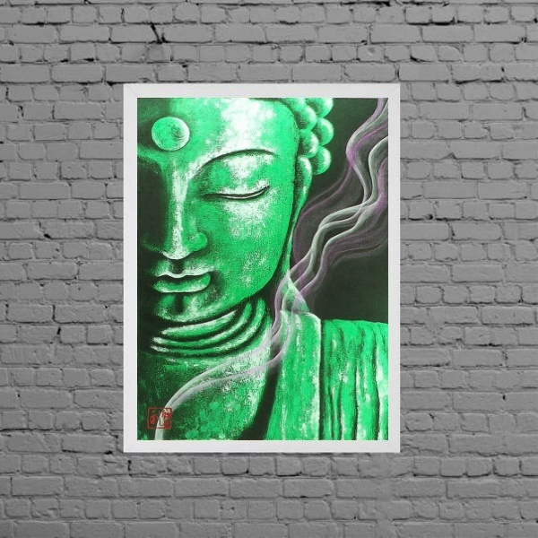 Quadro Decorativo Buda Verde 24x18cm - Com Vidro Moldura:made