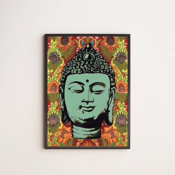 Quadro Decorativo Cabeça Buda 45x34cm Moldura:madeira Branca