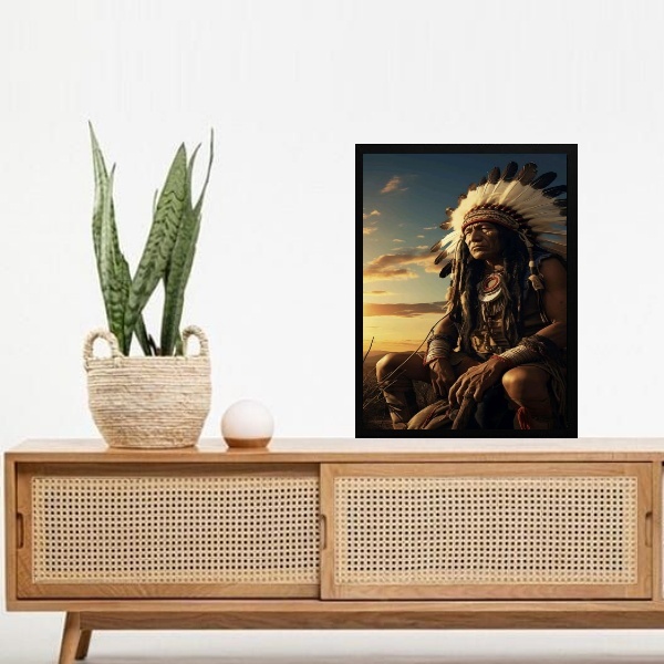 Quadro Decorativo Caboclo Tupã 45x34cm Moldura Branca