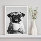 Quadro Decorativo Cachorrinho Pug Bebendo Café 24x18cm Moldur