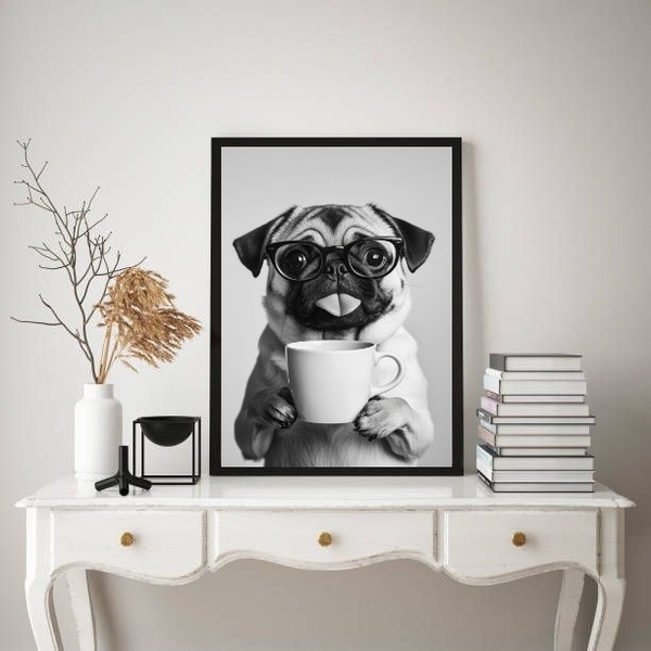 Quadro Decorativo Cachorrinho Pug Bebendo Café 33x24cm Moldur