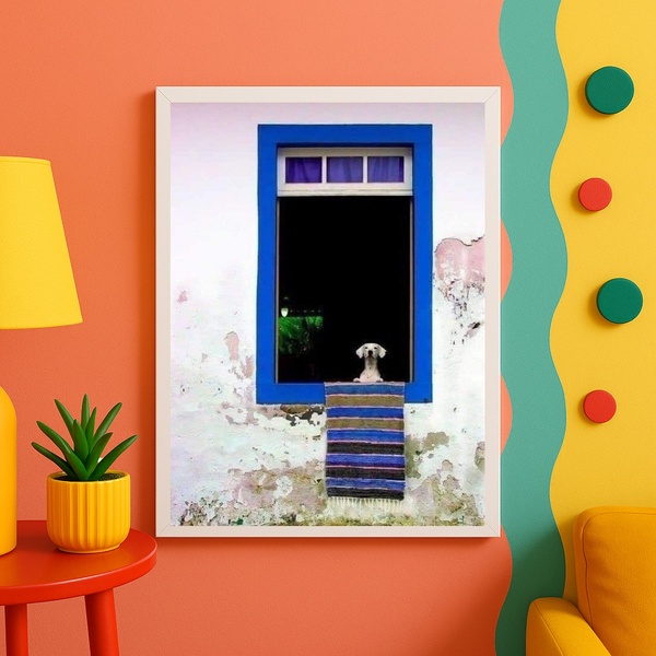 Quadro Decorativo Cachorro Na Janela Azul 24x18cm - Com Vidro