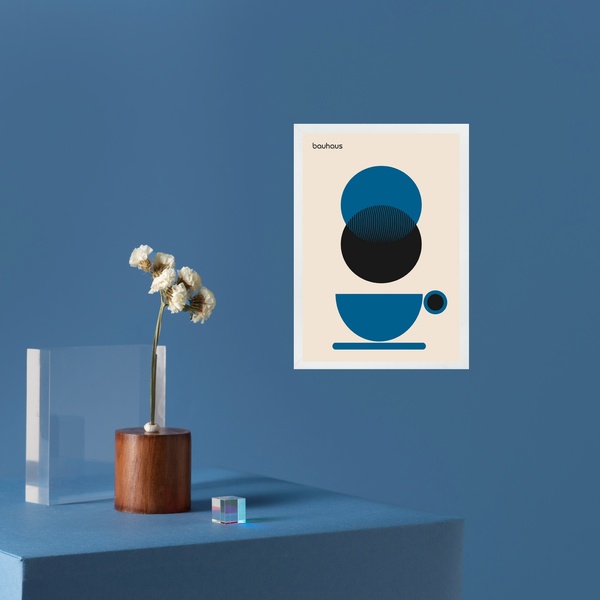 Quadro Decorativo Café Azul -  Bauhaus 33x24cm Moldura Preta