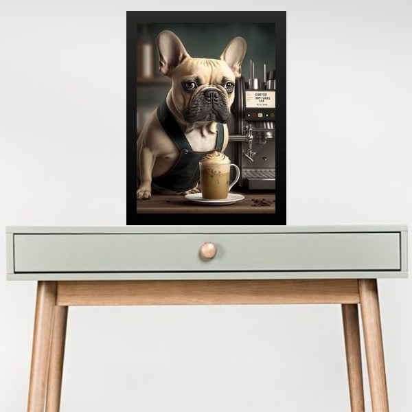 Quadro Decorativo Café - Bulldog Francês 33x24cm Moldura Preta