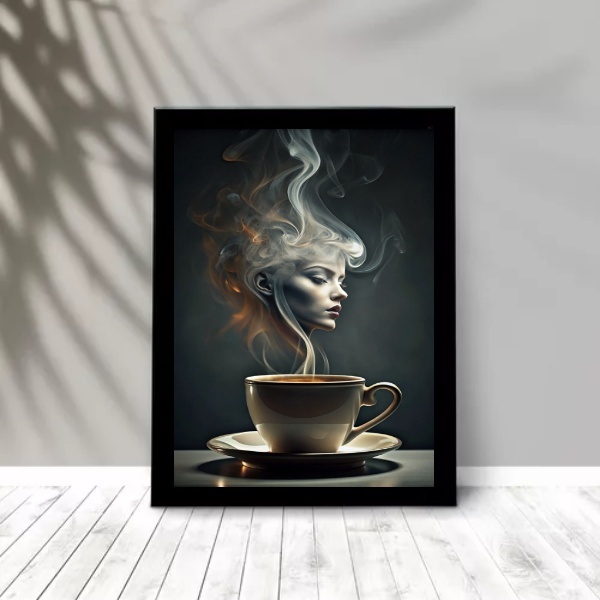 Quadro Decorativo Café Fumaça Mulher 45x34cm Moldura Preta