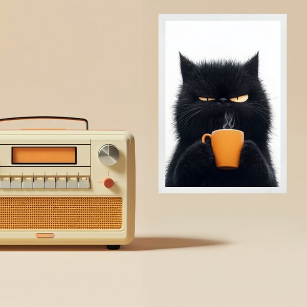 Quadro Decorativo Café Gato Mal-humorado 45x34cm - Com Vidro