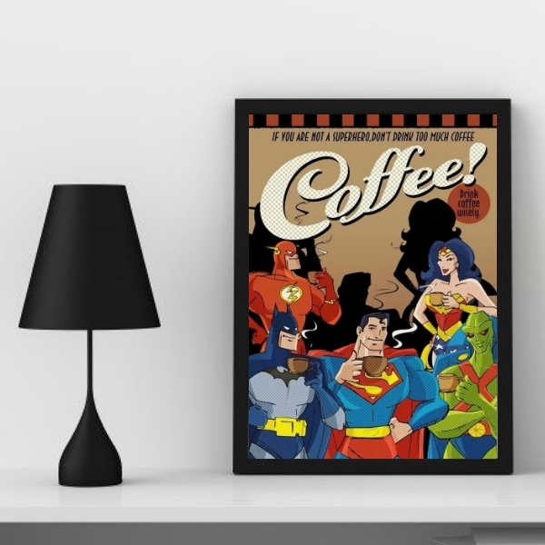 Quadro Decorativo Café Super heróis 33x24cm Moldura:madeira B
