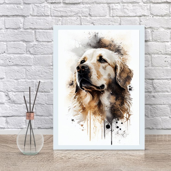 Quadro Decorativo Cão Golden Retriever Aquarela 45x34cm - Com