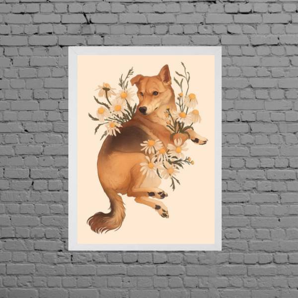 Quadro Decorativo Cão My Pet Flowers 24x18cm Moldura:madeira