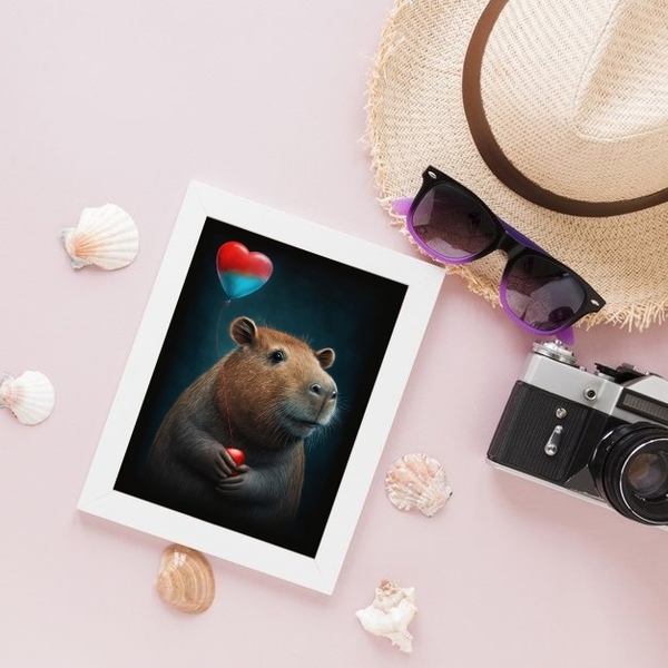 Quadro Decorativo Capivara Com Coração 24x18cm Moldura:madeir