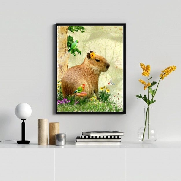 Quadro Decorativo Capivara Com Passarinhos 45x34cm - Com Vidr