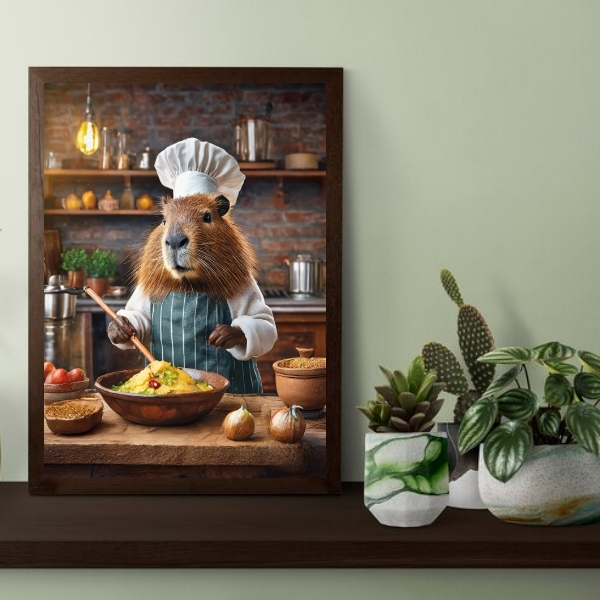 Quadro Decorativo Capivara Cozinhando 45x34cm - Com Vidro Mol