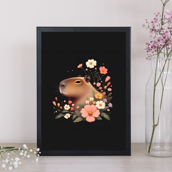Quadro Decorativo Capivara Floral 45x34cm - Com Vidro Moldura