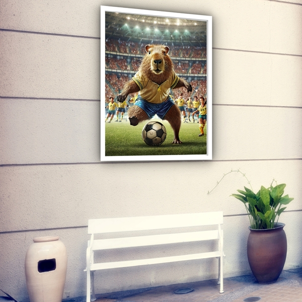 Quadro Decorativo Capivara Jogando Futebol  - 70x50cm Moldura