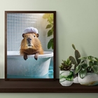 Quadro Decorativo Capivara No Banho 33x24cm Moldura Branca