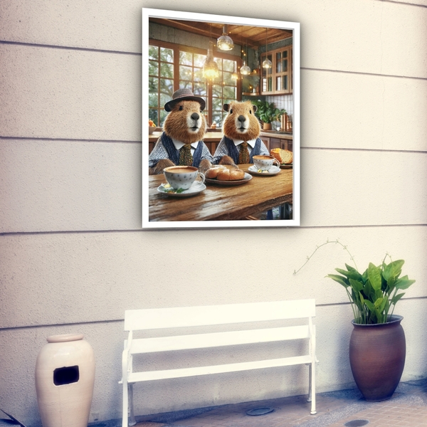 Quadro Decorativo Capivaras Cozinha Café  - 70x50cm Moldura P