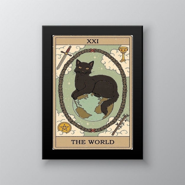 Quadro Decorativo Carta Tarot O Mundo gato 33x24cm Moldura:ma