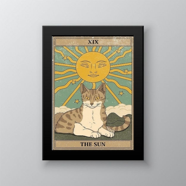 Quadro Decorativo Carta Tarot Sol gato 33x24cm Moldura:madeir