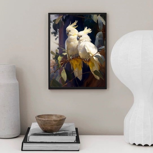 Quadro Decorativo Casal De Cacatuas 45x34cm - Com Vidro Moldu