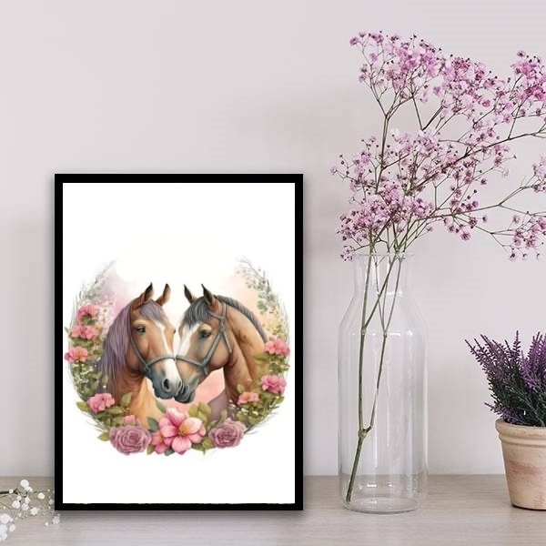 Quadro Decorativo Casal De Cavalos Aquarela 33x24cm Moldura:m