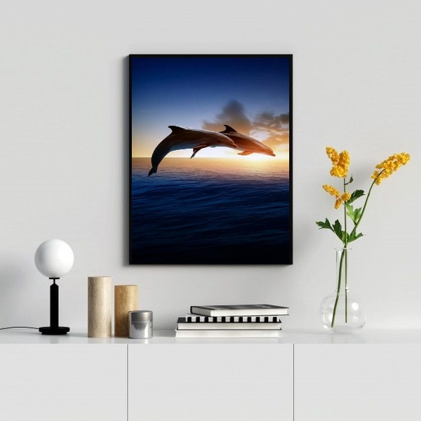 Quadro Decorativo Casal De Golfinhos 24x18cm Moldura:madeira