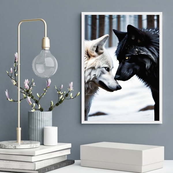 Quadro Decorativo Casal De Lobos 45x34cm Moldura:madeira Bran