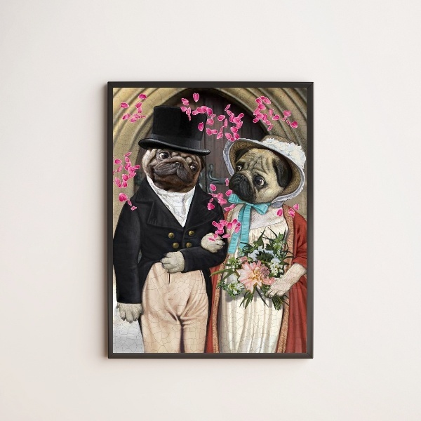 Quadro Decorativo Casamento Pug 24x18cm Moldura:madeira Preta
