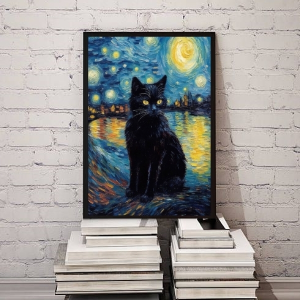 Quadro Decorativo Cat Night Starry Art 24x18cm - Com Vidro Mo