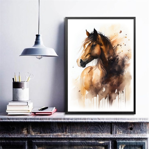 Quadro Decorativo Cavalo- Aquarela 24x18cm - Com Vidro Moldur