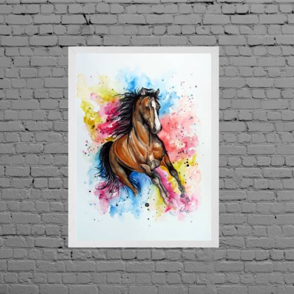 Quadro Decorativo Cavalo Aquarela 24x18cm Moldura:madeira Bra