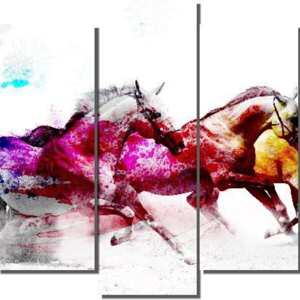 Quadro Decorativo Cavalo Branco Colorido Para Sala 5 Peças