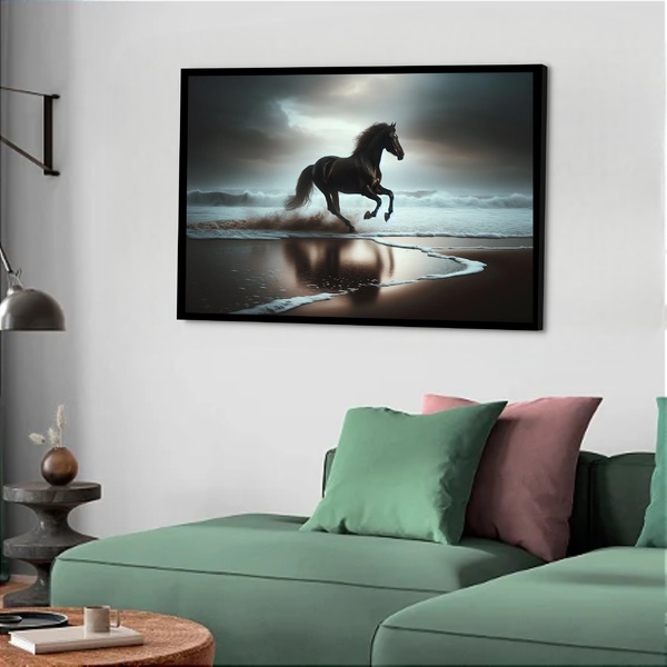 Quadro Decorativo Cavalo Praia  - 50x70cm Moldura Preta
