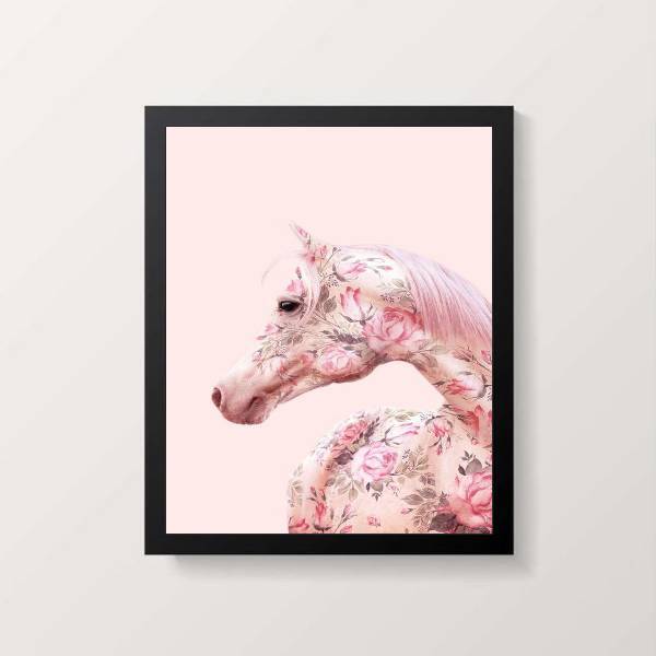 Quadro Decorativo Cavalo Rosa Com Flores 45x34cm - Com Vidro