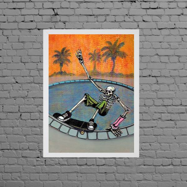 Quadro Decorativo Caveira No Skate 24x18cm - Com Vidro Moldur