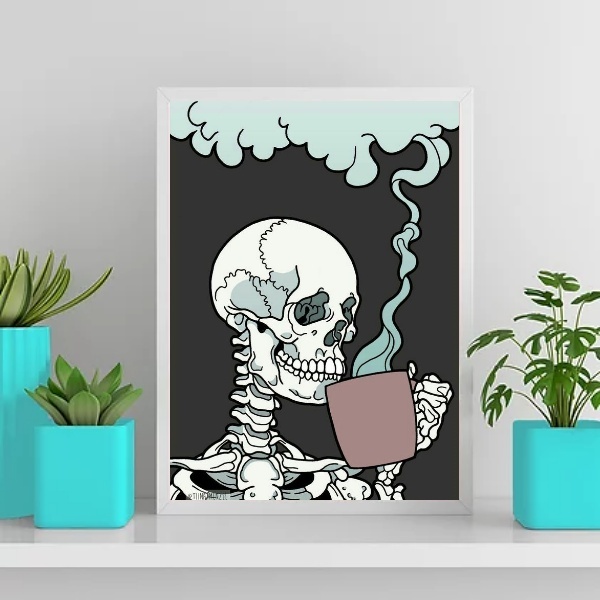 Quadro Decorativo Caveira Tomando Café 24x18cm - Com Vidro Mo