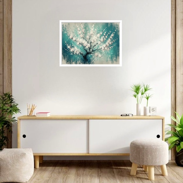 Quadro Decorativo Cerejeira Japonesa  - 50x70cm Moldura Branca