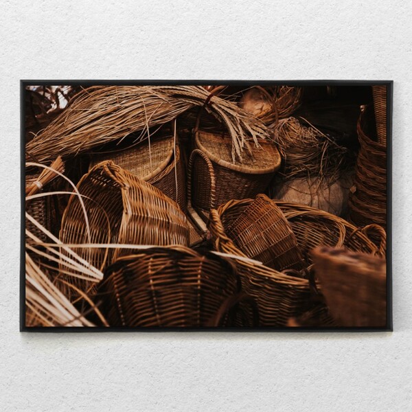 Quadro Decorativo Cestos Em Sisal Tela Horizontal Com Moldura