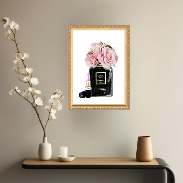 Quadro Decorativo Chanel Coco Noir Rosas 24x18cm - Com Vidro